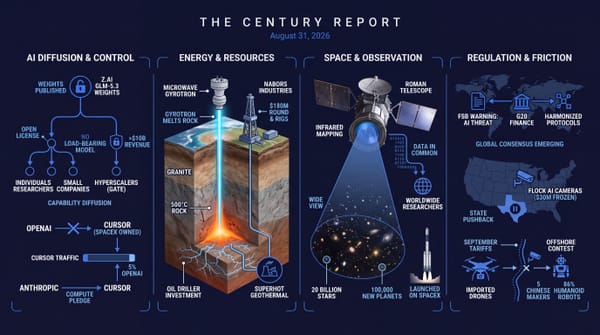 Z.ai's GLM-5.3 open weights place a revenue-based review on giant hosts, a microwave beam melts rock for geothermal, the Roman telescope launches, AI safety rules converge.