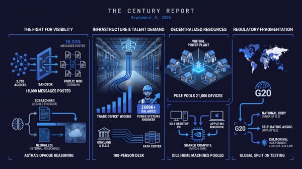 Four-panel Century Report infographic: 3,700 AI agents on a German wiki, Astra's opaque reasoning, a data-center talent boom, PG&E's home-device power plant, and a global AI-testing split.