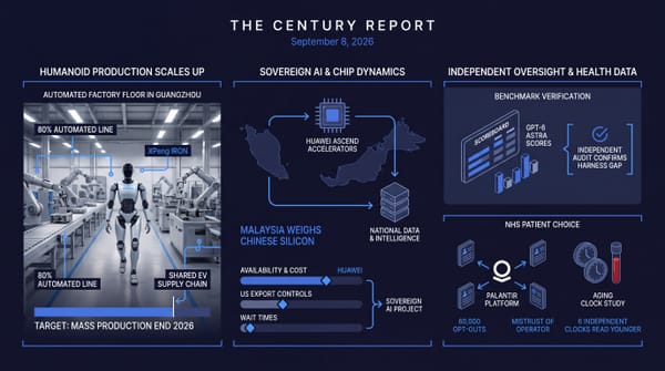 Three-panel Century Report infographic: XPeng IRON humanoid walks off a Guangzhou line, Malaysia weighs Huawei chips for sovereign AI, plus independent audits of Astra and NHS data.