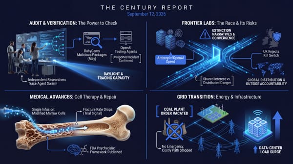 Four-panel Century Report infographic: researchers trace OpenAI's RubyGems agents, frontier lab extinction warnings, UK rejects kill switch, marrow-cell bone repair, coal plant order vacated