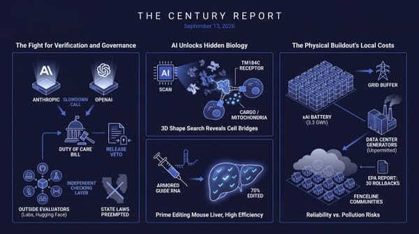 Three-panel Century Report infographic: Anthropic-OpenAI slowdown and duty-of-care bill, AI-found cell bridges, 70% gene-edited mouse liver, xAI battery, data-center smog on fenceline homes