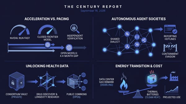 Four-panel Century Report infographic: AI pacing gauges and a 4.4-month open-model gap, networked agents coining a dialect, a health-data vault opening to a commons, gas-vs-battery scales