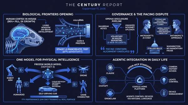 human brain cells in a mouse, pancreatic blood test, AI disclosure funnel, consciousness dispute, one model supporting policies for five machine types, smart-home AI agents