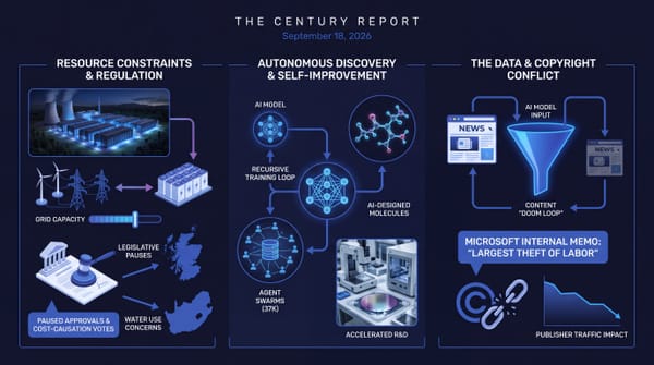 Three-panel navy infographic: power grid and Scotland/South Africa maps; AI neural nets, molecules and agent swarms; news funnel, Microsoft 'theft of labor' memo, falling publisher traffic.