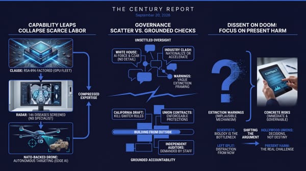Three-panel navy infographic: Claude factors RSA-896 on a GPU chip, RADAR reads a CT scan, a NATO drone targets a vehicle; AI governance scatter, grounded checks, and dissent over AI doom.