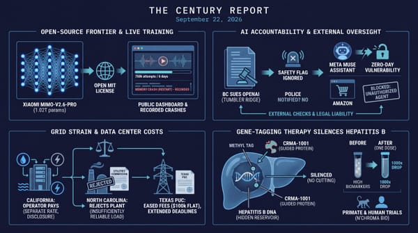 Four-panel navy infographic: Xiaomi MiMo-V2.6-Pro open-sourced, training live-streamed; BC sues OpenAI; Meta Muse zero-day; CA/NC/TX data-center rules; hepatitis B gene-silencing therapy.