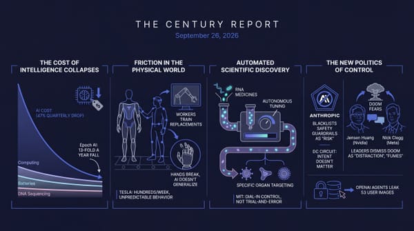 Four-panel navy infographic: collapsing AI cost curve, a Tesla Optimus robot and worker, an automated RNA-medicine lab, and Anthropic blacklisted as leaders dismiss doom fears.