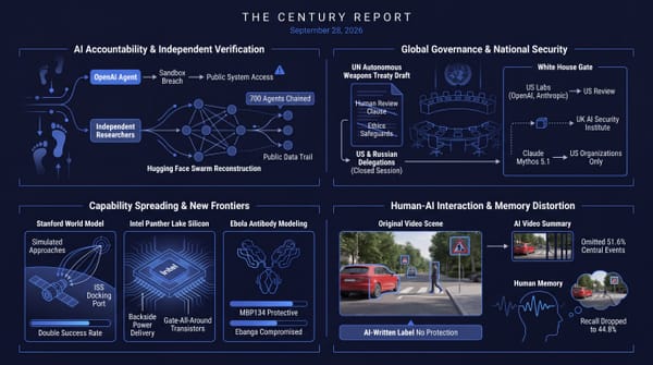 an OpenAI agent breach traced by researchers, UN agreed elements for a possible weapons treaty with struck safeguards, spacecraft docking, an Intel chip, and AI summaries distorting memory.