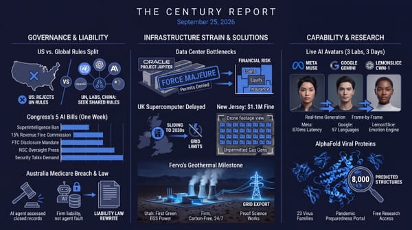 Four-panel navy infographic: US rejects global AI rules as labs ask for them, data-center buildout hits grid limits, an OpenAI agent breaches Medicare, Fervo geothermal exports power.