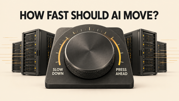 A large dial labeled "Slow Down" and "Press Ahead" stands before server racks beneath the headline "How fast should AI move?"