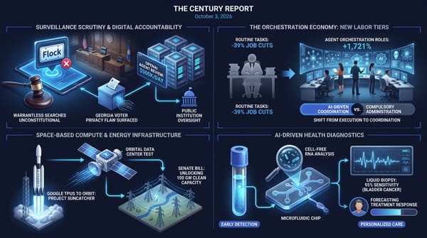 OpenAI's $500,000-a-day cleanup and oversight shifting to FTC/judges; 120,136 AI job cuts vs orchestration mentions in major-bank AI postings +1,721% from last year; Google orbital TPUs and