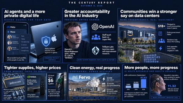 Navy 6-panel infographic: Meta Muse friend profiles and Apple privacy; OpenAI's David Robinson quits; AWS $1B+ pledge; Micron and $6 diesel; Fervo geothermal; arXiv 40,363 and Neuralink.