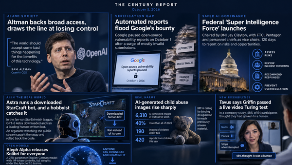 Navy infographic: Sam Altman quote on accepting some AI harm; Super Intelligence Force; Google bug bounty paused; GPT-6 Astra vs Stardust; Tavus Griffin 48%; AI child abuse images up 40%.