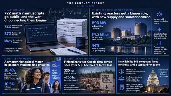 Navy infographic: laptop math proof by 722 manuscripts; nuclear plant adding 890 MW; NYC students in a smarter school match; felled Finnish forest; US Capitol, AI liability bill.