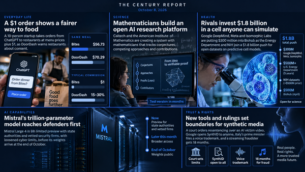 Navy infographic: Bites vs DoorDash meal prices; mathematician at a proof-tracking screen; scientist at microscope, $1.8B cell push; Mistral server racks; synthetic media rulings.