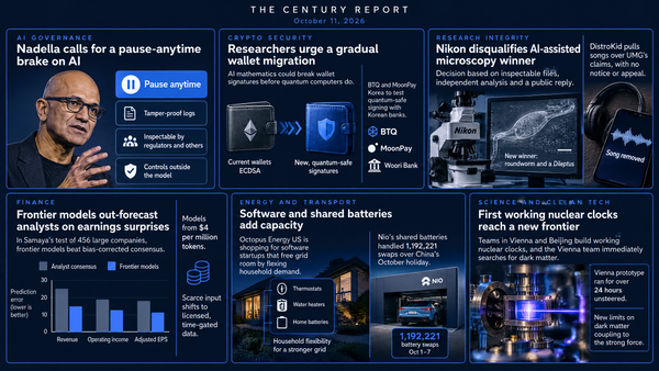 Six-panel navy infographic: Nadella by a pause button; crypto wallet upgrade; Nikon microscope and removed song; earnings bar chart; home and Nio battery swap; nuclear clock.