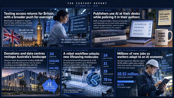 Five-panel navy infographic: UK flag, Big Ben and a researcher at an AI checklist; publisher books by a laptop; AWS data centre; lab pipettes and bacteria; hard-hat worker with a tablet.
