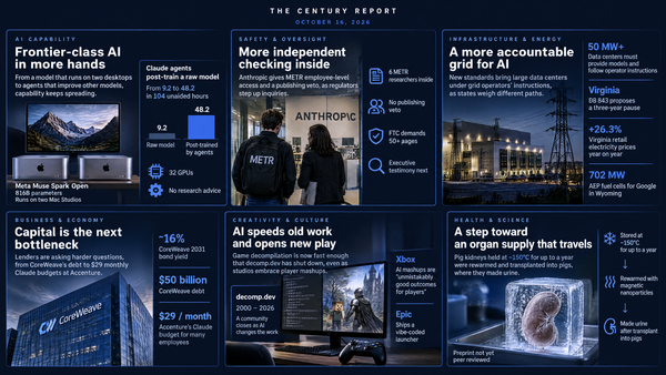 Navy infographic: two Mac Studios, a 9.2-to-48.2 bar chart, two people at Anthropic's door, one with a METR backpack, a data center, a CoreWeave tower, a game scene, a kidney in ice.