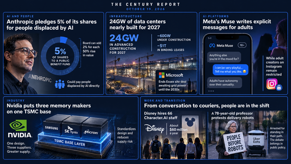 Navy infographic: Anthropic's 5% pledge ring, a 24GW data center site, a Meta Muse phone chat, Nvidia chips on a TSMC base, Disney, and a woman's People Before Robots sign.