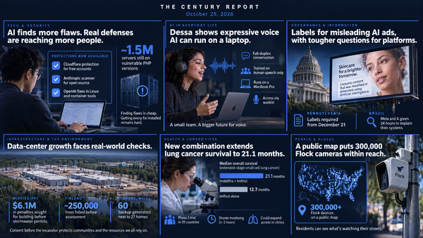 Six-panel infographic: a coder and server racks, a woman talking to a laptop, an AI-labeled ad billboard, a data center in a forest, a lung cancer survival chart and a Flock camera map.