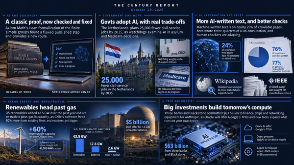 Delaware's plan for AI-run companies, a machine-checked proof of finite simple groups, Dutch civil-service cuts, machine text across the web and US renewables on track to pass gas.