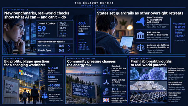 Infographic: Gemini 4 Carbon tops a revised AI index, New York's limits on AI talk with minors, Microsoft's $36.6 billion profit, a cancelled gas plant and new materials.