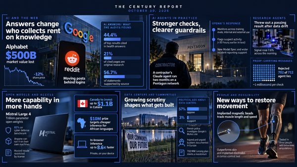 Infographic: Alphabet's $500B loss beside Google and Reddit logos, a contractor facing the Pentagon, a Mistral AI laptop, a data-center protest sign and a runner's prosthetic leg.